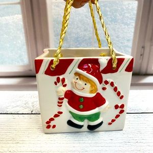 Ceramic Elf with Candy Canes Shopping Bag by Atico 4" Tall | Christmas Decor